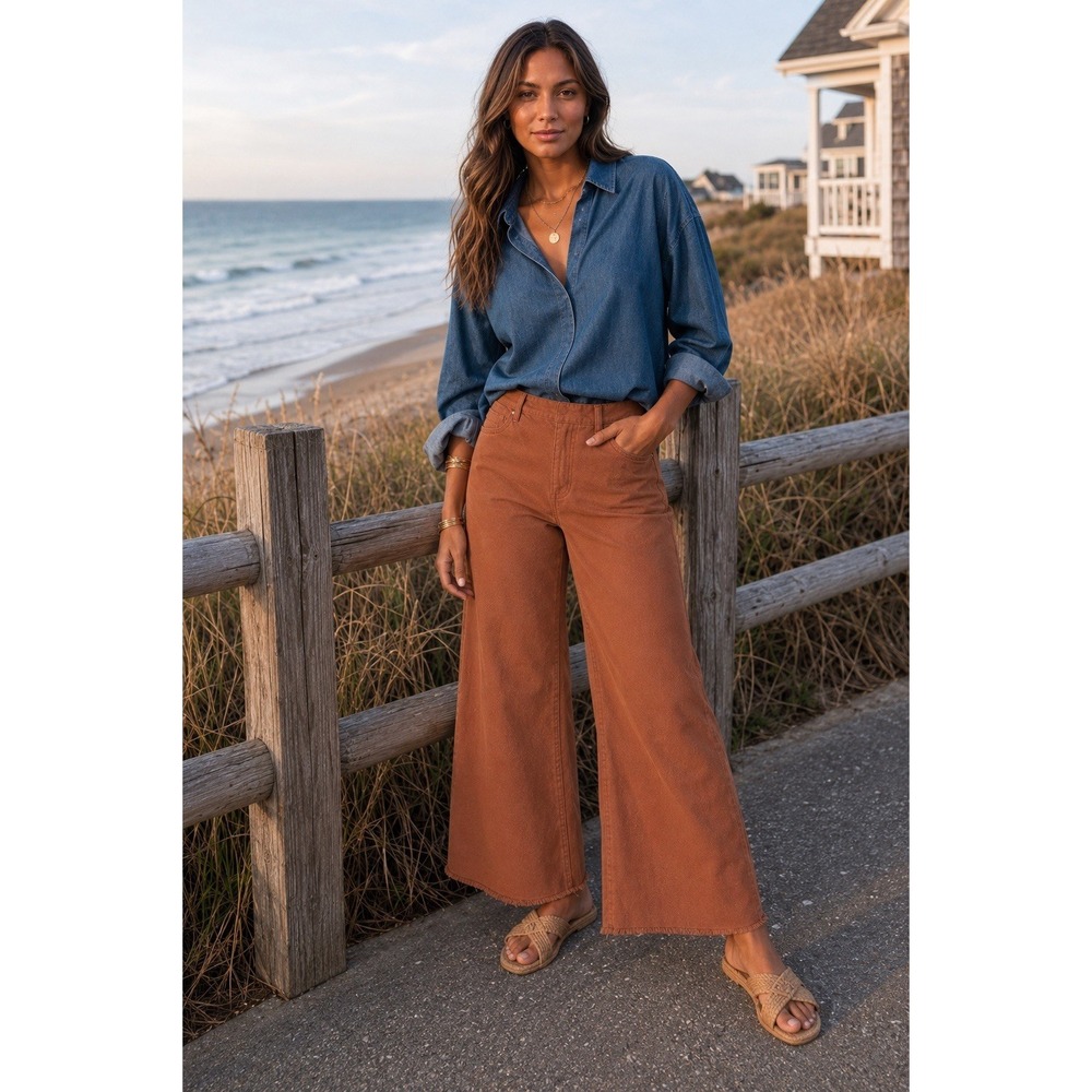 Frank & Eileen Galway Wide Leg Cropped Raw Hem Pants SZ 30 High Rise Rust Casual